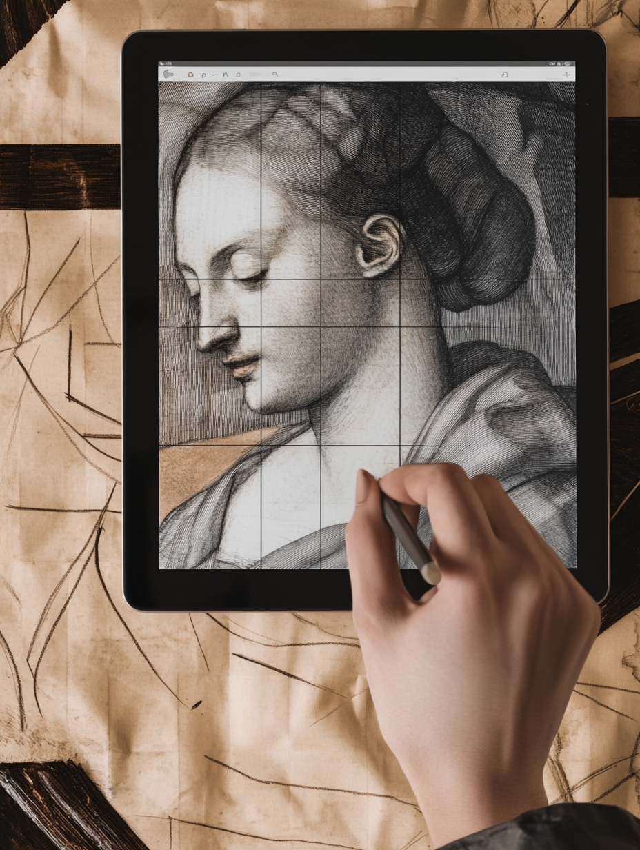 Artist utilizing GridMyPic's grid drawing tool on a tablet